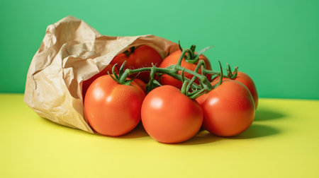 Flat lay of ripe tomatoes and a brown paper bag of vegetables on a yellow surface, with a vibrant green background offering text placement space.の素材