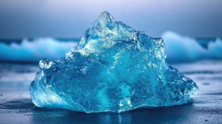 Close-up of a jagged blue iceberg in Jkulsrln Glacier Lagoon, its intricate textures and patterns glowing under soft sunlight.の素材
