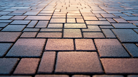 Brick block paving on an empty road, highlighting the smooth and structured design of the paver bricks.の素材