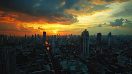 Aerial shot from a rooftop bar in Bangkok, featuring the cityscape of Lumpini area with a dramatic sunset sky.の素材