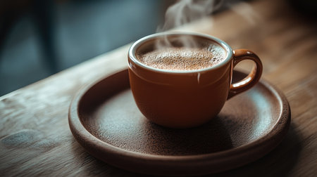 Close-up high-angle shot of a steaming coffee cup on a brown plate, showcasing the beverage's warmth and rich texture.の素材