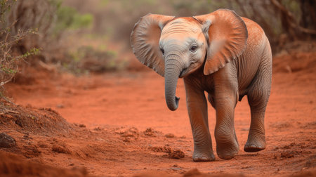 Close-up of an elephant calf in Tsavo East National Park, highlighting its playful nature and the texture of its skin.の素材