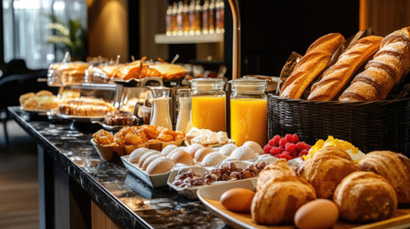Modern luxury hotel breakfast: fresh bakery items, eggs, orange juice, and a gourmet spread of morning fare.の素材