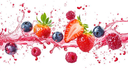 Different berries in mid-splash with juice, isolated on white, creating a vibrant and energetic image.の素材