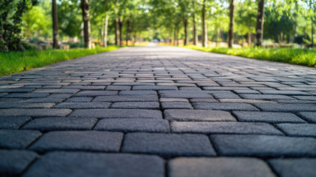 Concrete brick block paving a road, emphasizing the strength and uniform appearance of the paver bricks.の素材