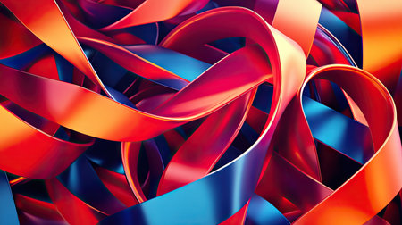 Abstract 3D background with bright red, orange, and blue ribbons intertwined in a dynamic pattern.の素材