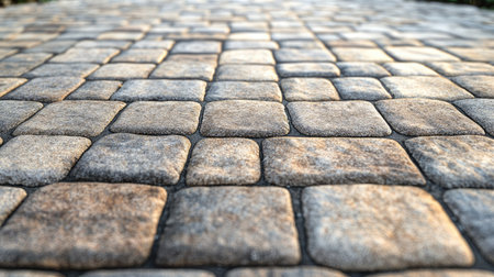 Empty path paved with stone paver blocks, illustrating the detailed texture and design of the paving.の素材