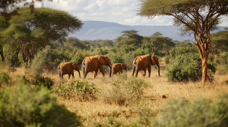 Elephants foraging for food in the sparse bush of Tsavo East National Park, highlighting their adaptability to the environment.の素材