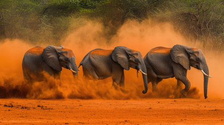 Elephants dust-bathing in Tsavo West National Park, Kenya, with the red soil creating a striking contrast against their gray skin.の素材
