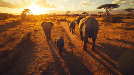 Family of elephants walking through Tsavo West, Kenya, with the sun setting behind them and casting long shadows on the ground.の素材