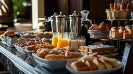 Luxury hotel breakfast spread: fresh bread, pastries, eggs, orange juice, and a selection of exquisite morning fareの素材