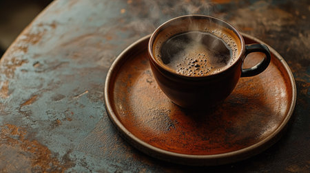 Close-up high-angle shot of a steaming coffee cup on a brown plate, showcasing the beverage's warmth and rich texture.の素材