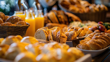 Luxurious breakfast buffet: fresh bread, pastries, orange juice, eggs, and a variety of delicious morning options.の素材