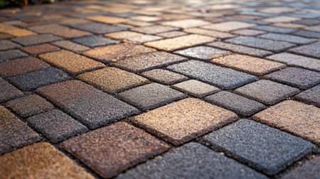 Close-up of brick block paving on a road, showcasing the texture and pattern of the paver bricks.の素材