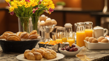 Modern luxury hotel breakfast: fresh bakery items, eggs, orange juice, and a gourmet spread of morning fare.の素材