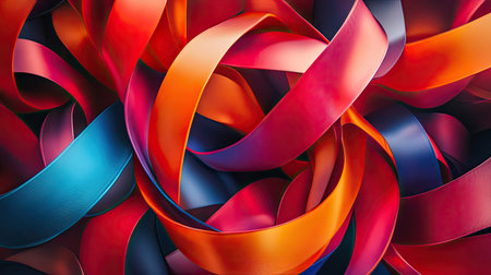 Bright red, orange, and blue ribbons in an abstract 3D design, creating a vibrant and energetic background.の素材