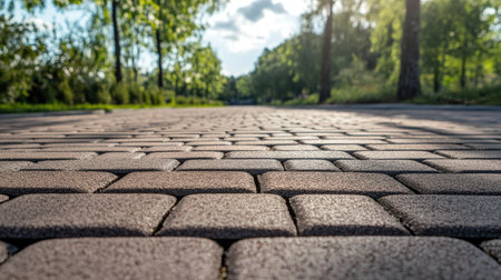 Concrete brick block paving a road, emphasizing the strength and uniform appearance of the paver bricks.の素材