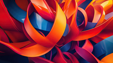 Energetic 3D design with bright red, orange, and blue ribbons forming a vibrant abstract background.の素材