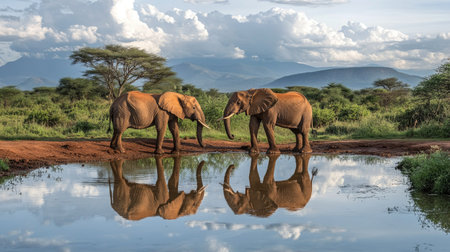 Elephants interacting near a water source in Tsavo West National Park, Kenya, with reflections in the water and surrounding vegetation.の素材