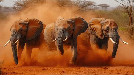 Elephants dust-bathing in Tsavo West National Park, Kenya, with the red soil creating a striking contrast against their gray skin.の素材