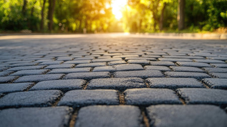 Concrete brick blocks on a road, illustrating the strength and uniform appearance of the paving.の素材