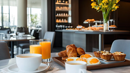 High-end hotel breakfast: fresh pastries, orange juice, eggs, and an elegant array of morning dishes in a modern setting.の素材