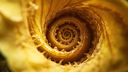 A macro shot of the spiral center of a yellow rose, emphasizing its intricate petal layers.の素材