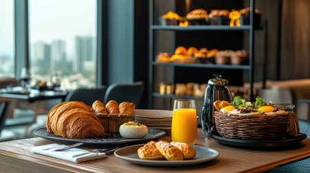 Modern city resort breakfast: luxurious spread with fresh bakery items, orange juice, eggs, and a selection of gourmet foods.の素材