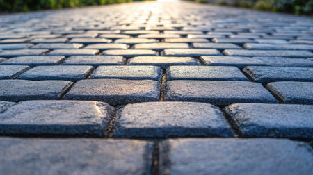 Concrete brick blocks on a road, illustrating the strength and uniform appearance of the paving.の素材