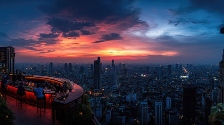 Rooftop bar view of Bangkok at sunset, capturing the Lumpini are skyline and the dramatic sunset sky.の素材