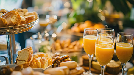 Opulent morning buffet in a city resort: fresh bakery items, eggs, glasses of orange juice, and an assortment of gourmet foods.の素材