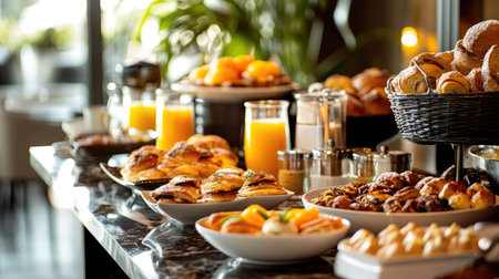 High-end hotel breakfast: fresh pastries, orange juice, eggs, and an elegant array of morning dishes in a modern setting.の素材