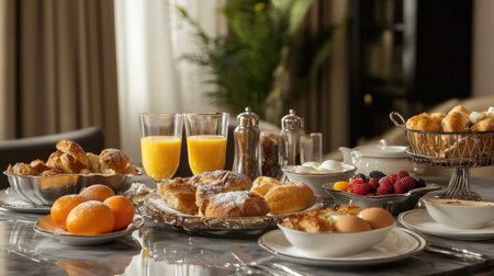 Luxurious breakfast table in a city resort: fresh bakery, orange juice, eggs, and an assortment of elegant morning dishes.の素材
