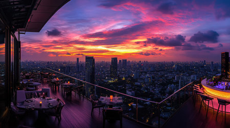Sunset view of Bangkok cityscape from a rooftop bar, highlighting Lumpini area with colorful sky and city lights.の素材