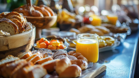 High-end breakfast buffet in a city resort: fresh bread, pastries, orange juice, eggs, and a selection of gourmet foods.の素材