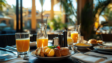 Stylish breakfast in a city resort: table full of fresh bakery goods, glasses of orange juice, eggs, and gourmet plates.の素材