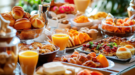 Opulent morning buffet in a city resort: fresh bakery items, eggs, glasses of orange juice, and an assortment of gourmet foods.の素材