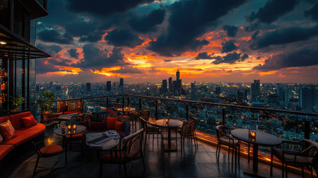 Rooftop bar view of Bangkok cityscape at sunset, featuring the Lumpini area and a dramatic evening sky.の素材