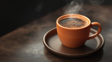 Steaming hot coffee cup on a brown plate from a high angle, perfect for emphasizing the comforting and rich beverage.の素材