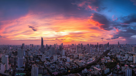 Rooftop view of Bangkok Lumpini area at sunset, with a panoramic cityscape and colorful sky.の素材
