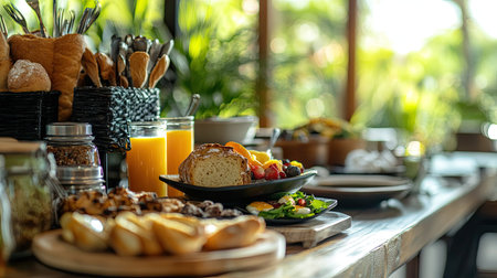 Stylish breakfast spread in a city resort: fresh bakery goods, orange juice, eggs, and an assortment of gourmet plates.の素材