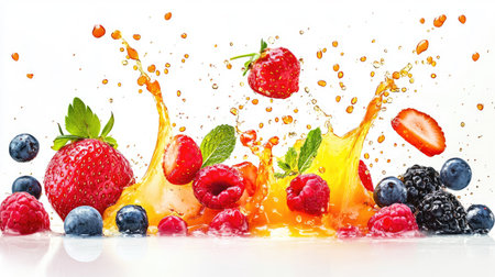Various berries and splashing juice on a white background, capturing the essence of fresh and juicy fruits.の素材