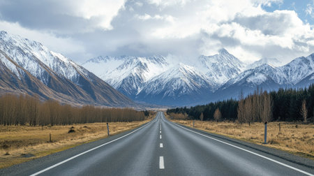 Scenic asphalt highway heading into the snowy mountains with cloudy skies, ideal for travel themes.の素材