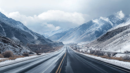 Scenic highway with snowy peaks and cloudy skies, capturing the allure of road trips and nature.の素材