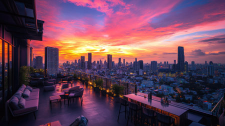 Rooftop bar view of the Bangkok skyline at sunset, highlighting the cityscape of Lumpini area and colorful sky.の素材