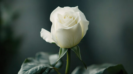 A close-up of a white rose with soft focus edges, with a blurred background and clear space for messaging.の素材