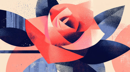 An abstract rose illustration, with geometric shapes and a variety of bold, contrasting colors.の素材