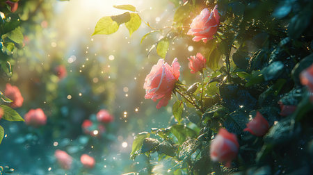 A close-up of a lush rose garden with dew-covered petals and sunlight filtering through the leaves.の素材