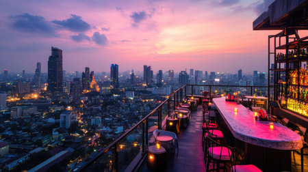 Sunset cityscape view from a rooftop bar in Bangkok, featuring the Lumpini area and its vibrant skyline.の素材