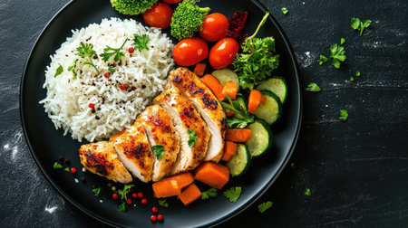 Top view of baked chicken fillet, rice, and vegetables on a black plate, perfect for food-related content.の素材